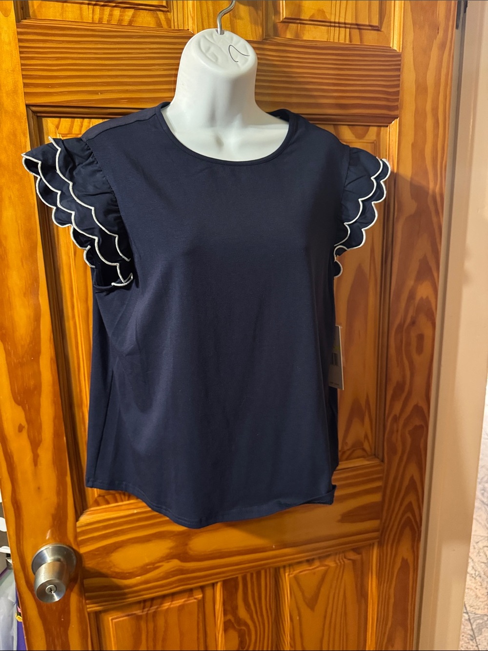 Nanette Lepore Navy Tank Top with Scalloped Ruffle Sleeves